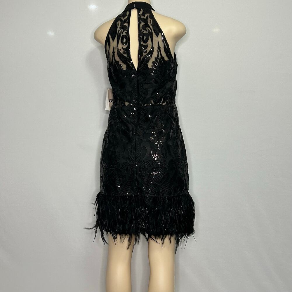GB Black Sequin Feather Hem Halter Cocktail Dress Size Large NWT Gatsby  Prom